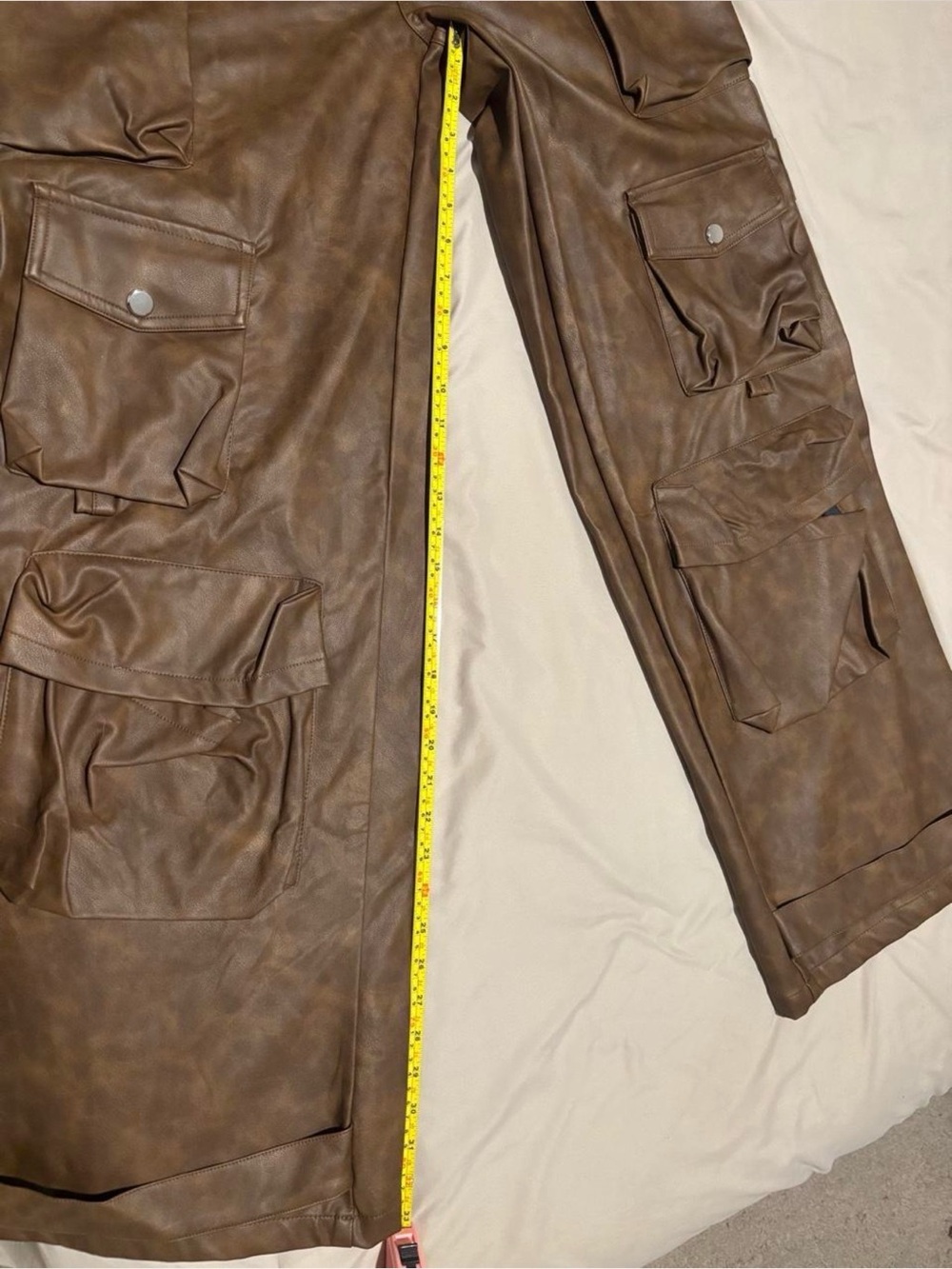 New Sz XL Weekend Warrior Wide Leg Washed Pu Leather Cargo Pant - Brown - Picture 9 of 10